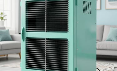 An industrial-grade air scrubber machine working in a bright, modern North American / US (Florida) living room. The scene is immaculate and bright, with light green and soft blue tones emphasizing a hygienic and pure atmosphere.