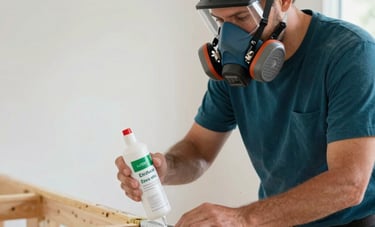 A technician wearing professional safety gear and a respirator mask performing mold remediation in a Florida home. They are carefully applying an eco-friendly sealant to wood framing. The lighting is crisp and clear, featuring dark teal and white elements.