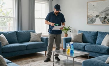 A clean, bright, and moisture-free Florida living room after professional mold remediation. The space looks fresh and safe, featuring light gray walls and steel blue furniture, conveying a fast problem fix result.