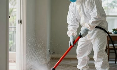 A mold removal technician in full white protective safety gear working inside a North American / US / Florida residence. Action-driven scene showing rapid cleanup with high-efficiency air scrubbers and orange red accent tools.
