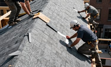 Architectural photography of a complete roof replacement project on a North American / NYC brownstone. Workers are installing high-grade steel gray shingles. The composition emphasizes strength, protection, and construction-grade durability.