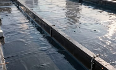 A wide-angle professional photograph of a large flat commercial rooftop in Manhattan, New York. The image shows fresh waterproofing membrane and structural parapet walls, reflecting a safety-first and structural-engineering aesthetic.