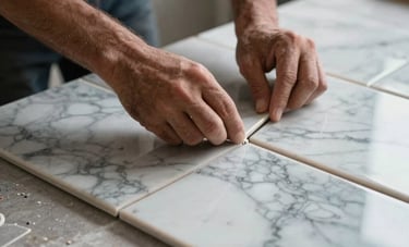 Detailed shot of professional ceramic tile installation in a Middle Eastern / Turkish kitchen, marble-patterned porcelain tiles being perfectly aligned by skilled hands, soft natural lighting, soft gray and light blue tones.