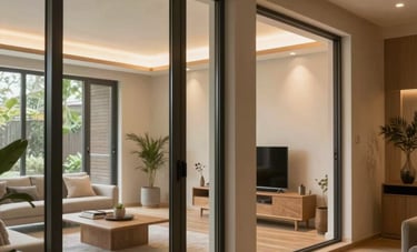 A sophisticated Japandi-style residential interior with warm lighting, emphasizing high-performance window frames and comfortable, healthy living spaces, North American / US setting.
