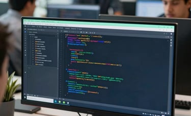 A software developer's modern workstation in a bright Latin American / Spanish office. Close-up of complex code on a high-resolution screen, blurred collaborative tech team in the background. Mint green and steel blue accents in a professional setting.