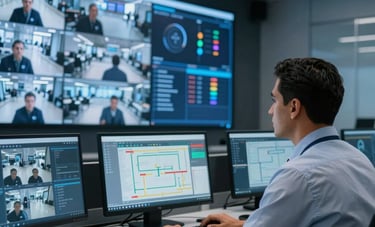 A high-tech security control room. A Latin American / Spanish professional manager monitoring multiple sleek screens showing CCTV feeds and access control maps. Modern architecture, professional atmosphere with medium blue and dark blue tones.