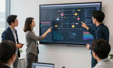 A collaborative tech team in a bright North American office environment reviewing a complex software architecture on a large wall-mounted screen. Modern professional attire and focused expressions.