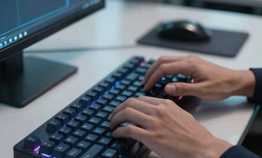 Close-up of a professional programmer's hands in a modern North American office, typing on a mechanical keyboard with soft navy and light blue ambient lighting reflecting off glass surfaces.