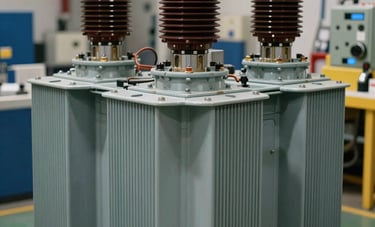 A sophisticated close-up of heavy-duty industrial three-phase power equipment and transformers in a North American / Canadian (British Columbia) facility. Soft industrial lighting, sharp detail, emphasizing safety and robust engineering.