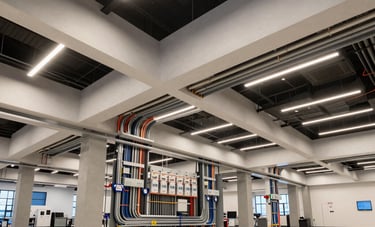 A wide, professional shot of a modern commercial interior in British Columbia with high ceilings and sophisticated architectural lighting. The scene shows the complex, neatly organized electrical conduits and fixtures installed by experts.