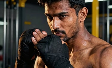 A close-up, dramatic shot of a South Asian / Indian boxer with hand wraps, focused intensity. Low-key lighting with golden highlights. The background is a premium fitness gym with navy and yellow equipment.