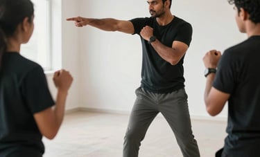 A professional photography shot of a self-defence workshop. A South Asian / Indian instructor is demonstrating a tactical strike to a focused student. The setting is a bright, modern studio with silver and off-white flooring. Energetic atmosphere.