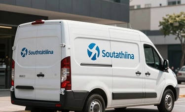 A modern white delivery van parked on a clean street in a South American business district, sleek profile, professional branding visible on the side, bright daylight, commercial photography style.