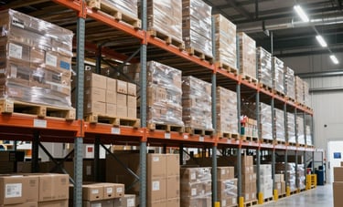 A well-organized modern logistics warehouse in South America, interior shot showing high shelves with neatly stacked boxes, bright industrial lighting, clean professional environment.