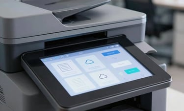 Close-up of a digital touchscreen interface on a sophisticated multifunction printer, showing document icons and cloud settings. Background is a blurred, high-tech Latin American office with blue and grey tones. Sharp, clean, commercial photography.