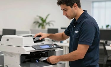 A professional service technician wearing a smart uniform, performing maintenance on a large office copier in a modern Latin American workplace. The scene is bright and organized, conveying efficiency and trust. Soft lighting, medium shot.