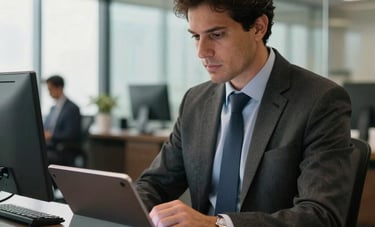 Um gestor profissional South American / Brazilian em um escritório corporativo elegante, analisando dados de desempenho em um tablet de última geração. O cenário de fundo inclui divisórias de vidro e um ambiente de trabalho altamente organizado e eficiente, com luz suave de fim de tarde.