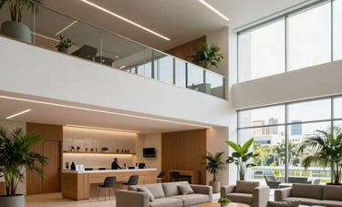 Ampla vista do lobby de uma empresa de holding moderna em uma capital South American / Brazilian. O espaço possui arquitetura minimalista, teto alto, móveis contemporâneos e plantas internas. A iluminação é clara e transmite profissionalismo e solidez financeira.