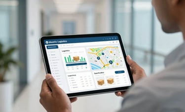 A person in South Asian professional attire holding a modern tablet that displays a logistics dashboard with delivery charts and a tracking map. The background is a brightly lit, modern Indian corporate hallway in soft blue and white tones.