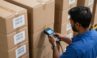 A high-angle photograph of an organized logistics hub in India. Neatly stacked boxes with clear barcode labels are being scanned by a worker in a steel blue uniform using a handheld device. The lighting is crisp and professional.