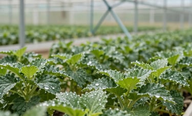 Detailed photography of an automated drip irrigation system in a large, modern Middle Eastern greenhouse. Small water droplets are visible on healthy green leaves. The lighting is bright and natural, reflecting a clean and professional agricultural environment.