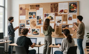 A wide-angle photography shot of a collaborative digital marketing team in a Western North American studio. They are working around a large mood board covered in earthy textures and food imagery. Bright, natural lighting.