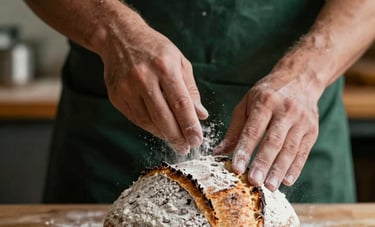 A close-up, warm-toned photograph of an artisanal baker's hands dusting flour over a fresh sourdough loaf in a Western North American bakery. Natural lighting, deep forest green and parchment tones in the background.
