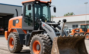 A modern compact loader moving gravel in a professional industrial depot, bright sunlight, orange and grey brand colors, sharp focus on the heavy machinery, Central European setting.