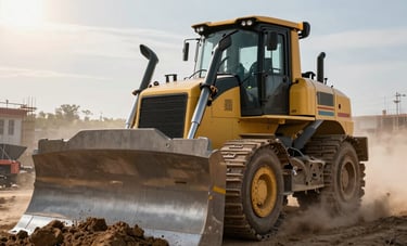 Massive heavy bulldozer Komatsu pushing earth on a large-scale construction site, dust clouds, morning sun, industrial power and reliability, professional B2B photography style.