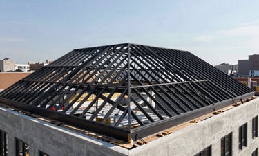 Architectural wide shot of a modern roof replacement in progress on a high-end New York City residential building, clean construction site, focusing on the strong lines of the roof framework against a clear sky, concrete gray and steel black tones.