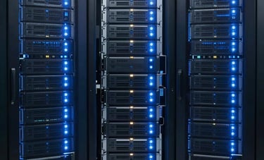 An ultra-modern, high-security server room with rows of equipment glowing with electric blue and white lighting. Symmetrical composition conveying authoritative network stability and cutting-edge security.