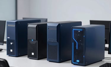 Clean, bright photography of professional enterprise hardware and high-end IT components on a minimalist workstation in a South Asian tech hub. Soft lighting with deep navy and electric blue accents.