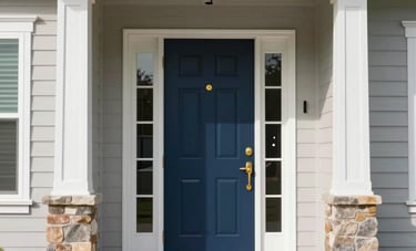 Wide shot of a North American suburban house with a new dark blue entry door, golden metallic handle, bright day, clean professional installation.