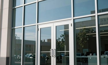 Wide shot of large glass commercial doors at a North American business center, polished metal frames, light blue reflections on the glass, bright and professional architectural photography.