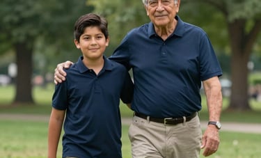 A North American / Hispanic grandfather and grandson walking together in a beautiful green park, symbolizing legacy and the future. The lighting is bright and clean, with the grandfather wearing a navy blue shirt, exuding wisdom and security.