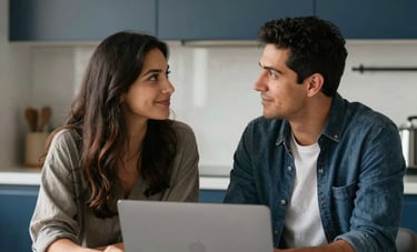 A North American / Hispanic couple sitting at a clean, modern kitchen table with a laptop, looking at each other with hopeful and confident expressions. Professional photography, soft natural light, with tan and dark blue accents in the background.
