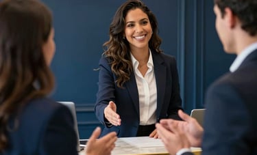 A medium shot of a sophisticated Brazilian corporate lobby. A professional is greeting someone with a welcoming smile. The interior design features elegant dark blue walls and gold accents on the reception desk, conveying a premium and trust-building atmosphere.