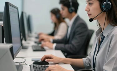 A professional close-up of a high-tech call center workstation in a Brazilian city. Out-of-focus colleagues are in the background, creating a sense of a busy but organized environment. The lighting is bright and modern, highlighting clean lines and light grey equipment.