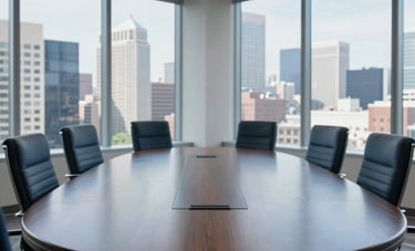A wide photography shot of a professional North American boardroom with a polished large wood table, featuring deep navy and slate blue tones, with large windows overlooking a bright city skyline.