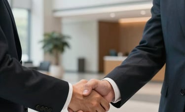 A close-up photograph of two professionals in sharp business attire shaking hands in a modern North American office lobby, with soft natural light and a clean, sophisticated background.