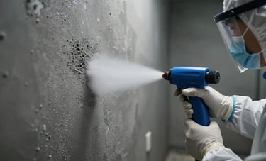 A close-up of a high-tech mold remediation process in a North American / US - Florida basement, showing a technician in protective gear applying sanitizing solution to a wall surface. The scene is dark grey and light grey with blue accents.