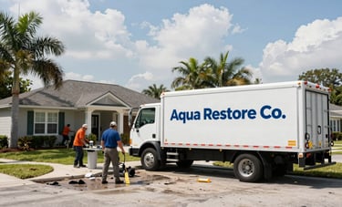 A wide shot of a North American / US - Florida residential street with a professional Aqua Restore Co. truck parked in front of a house, as crews work on storm damage restoration under a bright sky. Professional and trustworthy atmosphere.