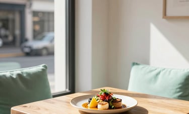 A cozy, Scandinavian-style restaurant interior in a Hispanic city. Natural wood tables, matte white walls, and mint green cushions. On a table sits a beautifully plated gourmet dish with vibrant colors, illuminated by soft morning sunlight through a large window.