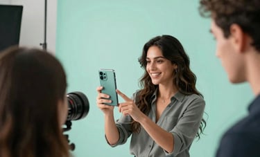 Behind-the-scenes photography of a marketing agency team in a Spanish-speaking country. A Hispanic woman is directing a photo shoot of a sleek mobile phone for a telephony client. The studio is bright with mint green and charcoal grey accents.