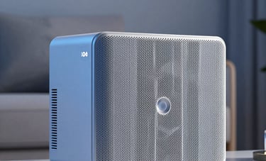 Close-up of a high-tech mesh Wi-Fi system in a minimalist North American home interior. The design is modern and professional, with cool light blue lighting accents reflecting off polished surfaces.
