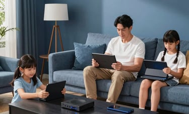 A family relax in their contemporary North American living room, featuring clean lines and medium blue decor. Several devices including a gaming console and tablets are in use simultaneously, suggesting high-speed connectivity.