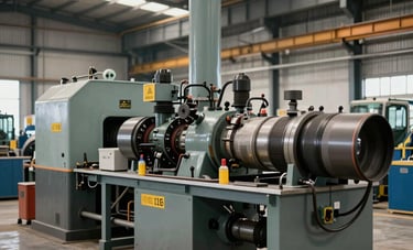 A wide shot of an industrial warehouse in Southern Brazil, showcasing heavy-duty machinery and safety equipment. The lighting is professional and clear, emphasizing reliability and the scale of industrial supply.