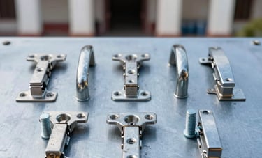 A detailed macro photograph of various steel hardware components like hinges, door handles, and bolts arranged artistically on a light steel blue surface. Sharp focus, clean metallic reflections, South American architectural style context.