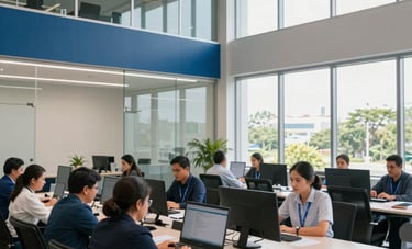 A wide-angle shot of a modern, organized operations room in a South American corporate building. Professional staff working collaboratively in a clean environment with glass walls. Natural daylight, steel blue and off-white color palette.