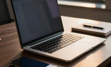 Close-up photography of a professional workstation in a Brazilian office. A high-end laptop, a smartphone, and a notebook on a dark wood surface. Soft evening sunlight coming from a window, featuring gold and dark blue accents.